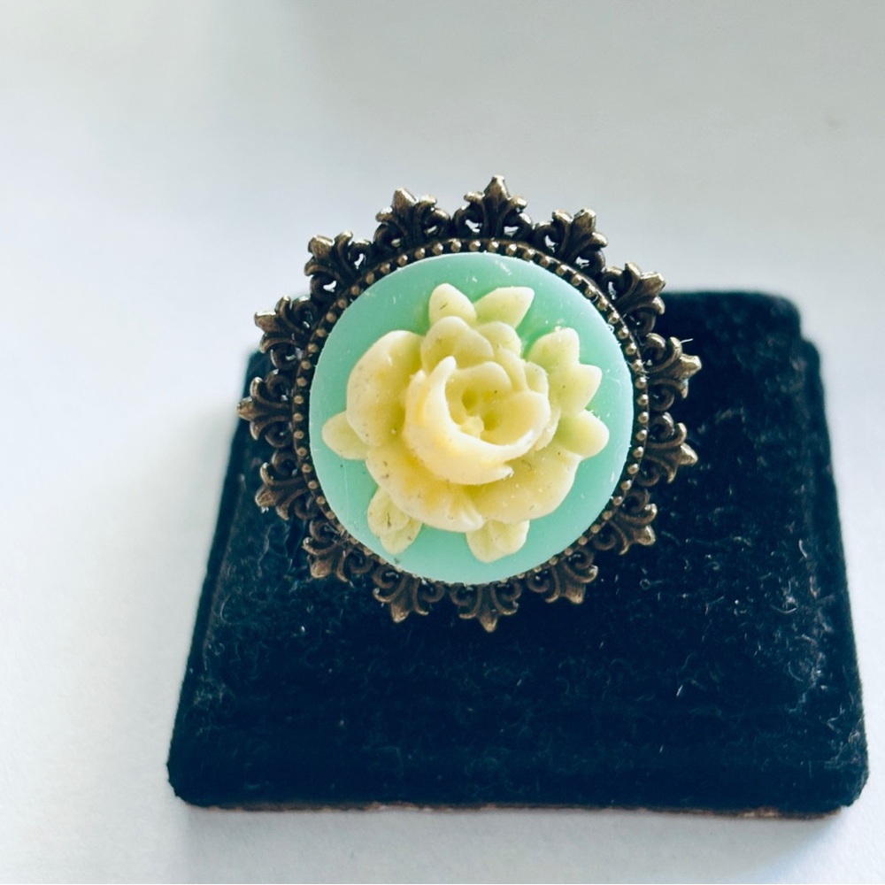 Blue and Cream Rose Cameo Handmade Adjustable Ring, NWT